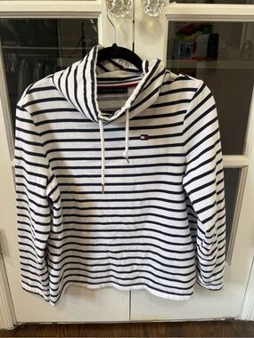 Tommy Hilfiger White and Navy Striped Cowl Neck Pullover